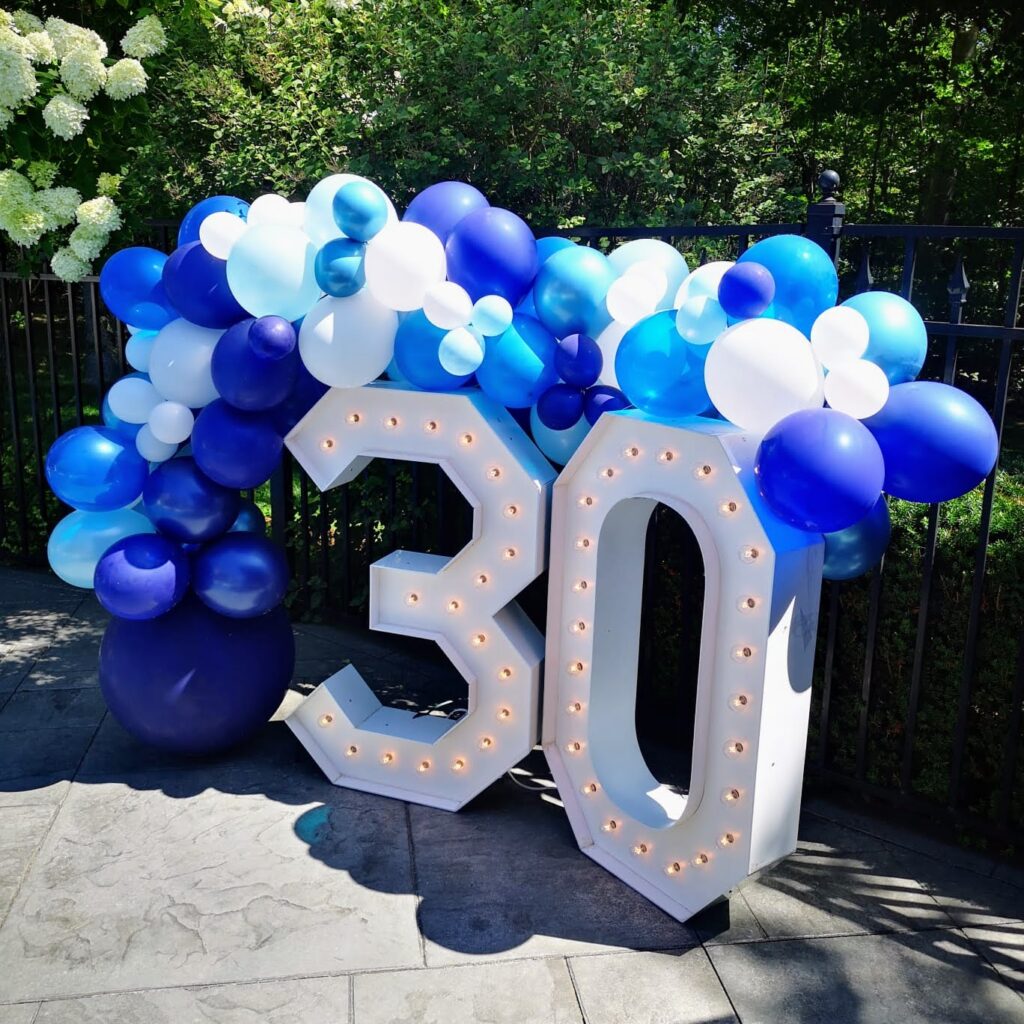 Birthday Party White Marquee Numbers Rental with Birthday Party Blue and White Balloon Decor Rentals Peterborough