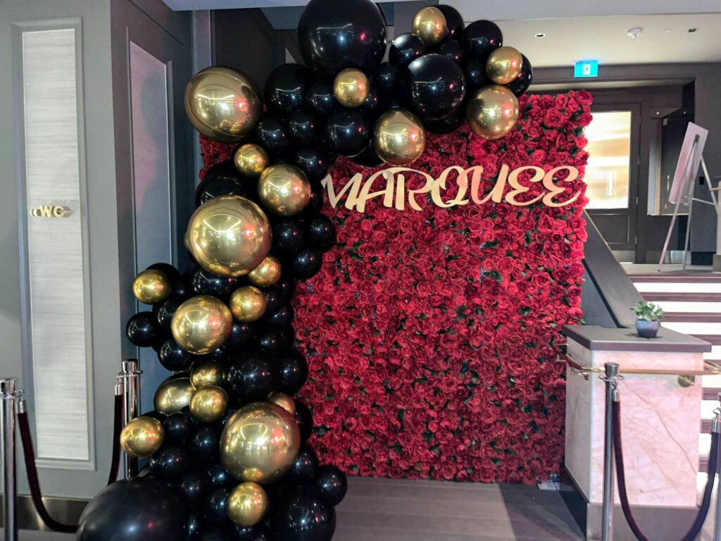 Black and Gold Balloon Decor with Wedding Decor Red Roses Flower Wall Belleville 