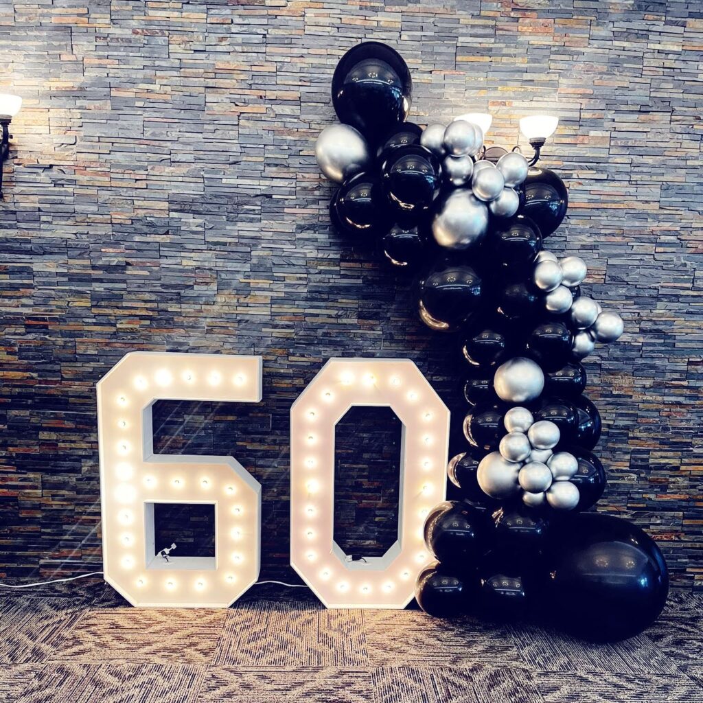 Bright Marquee Number Rentals with Stunning Black and Silver Balloon Decor Peterborough