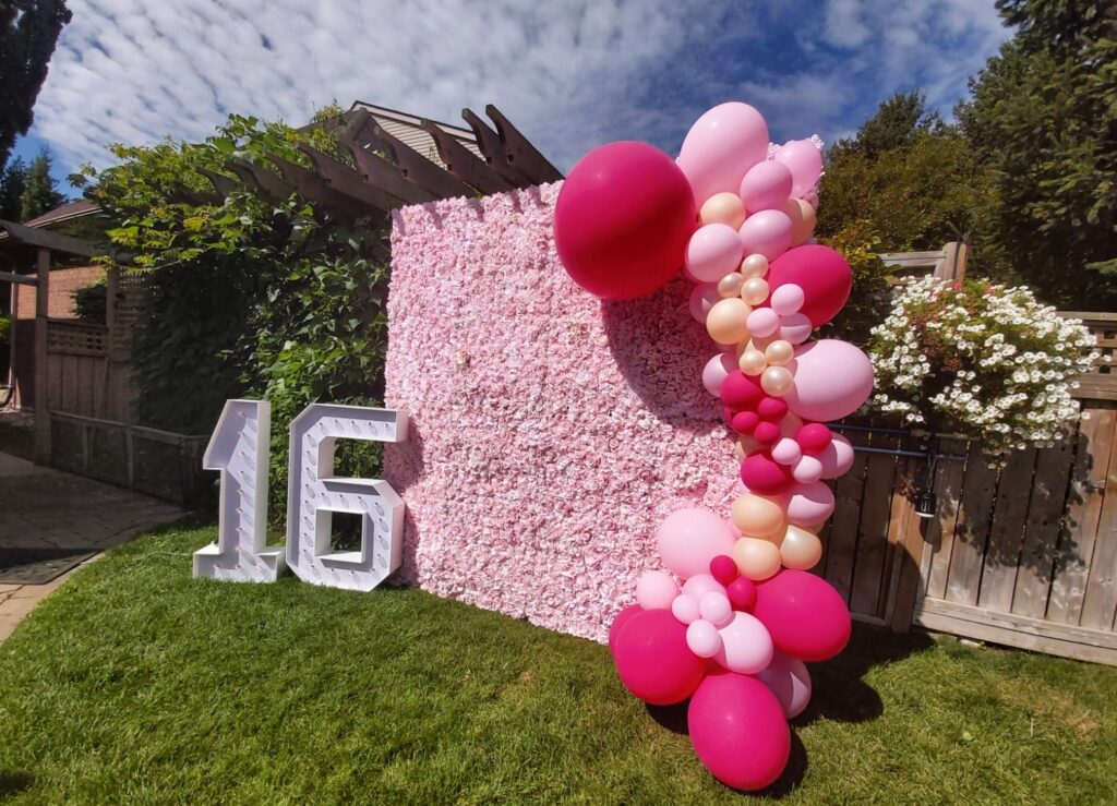 Multi-Coloured Balloon Décor Kingston with Pink Roses Flower Wall Kingston