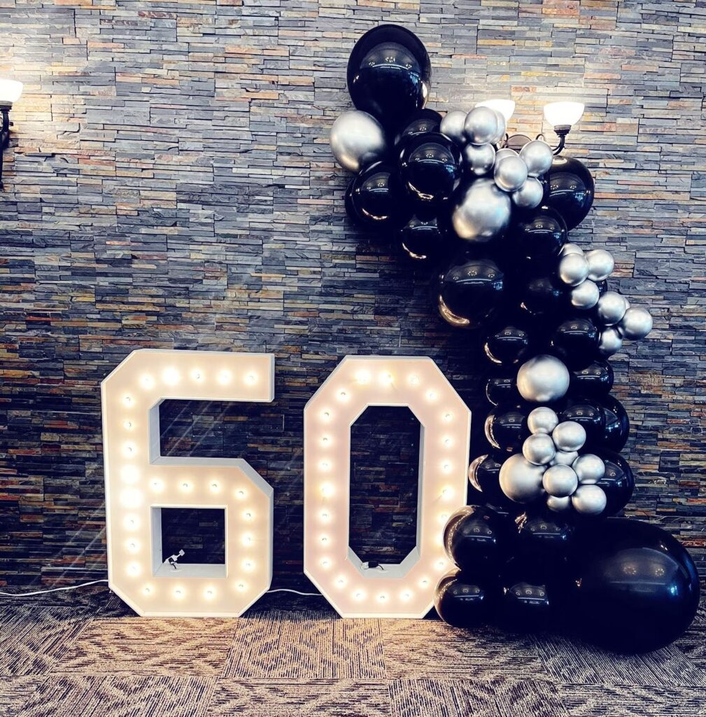 Peterborough Black and Silver Balloon Decor with Bright Marquee Numbers Peterborough