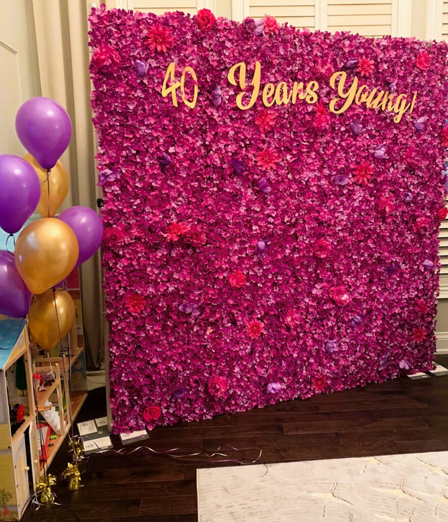 Purple Lavender Roses Flower Wall with Purple and Gold Balloon Decor Ajax