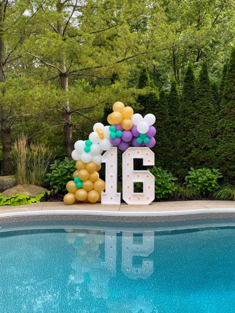 White Marquee Numbers with Decorative Balloon Decor Peterborough Outside with Great Scenery 