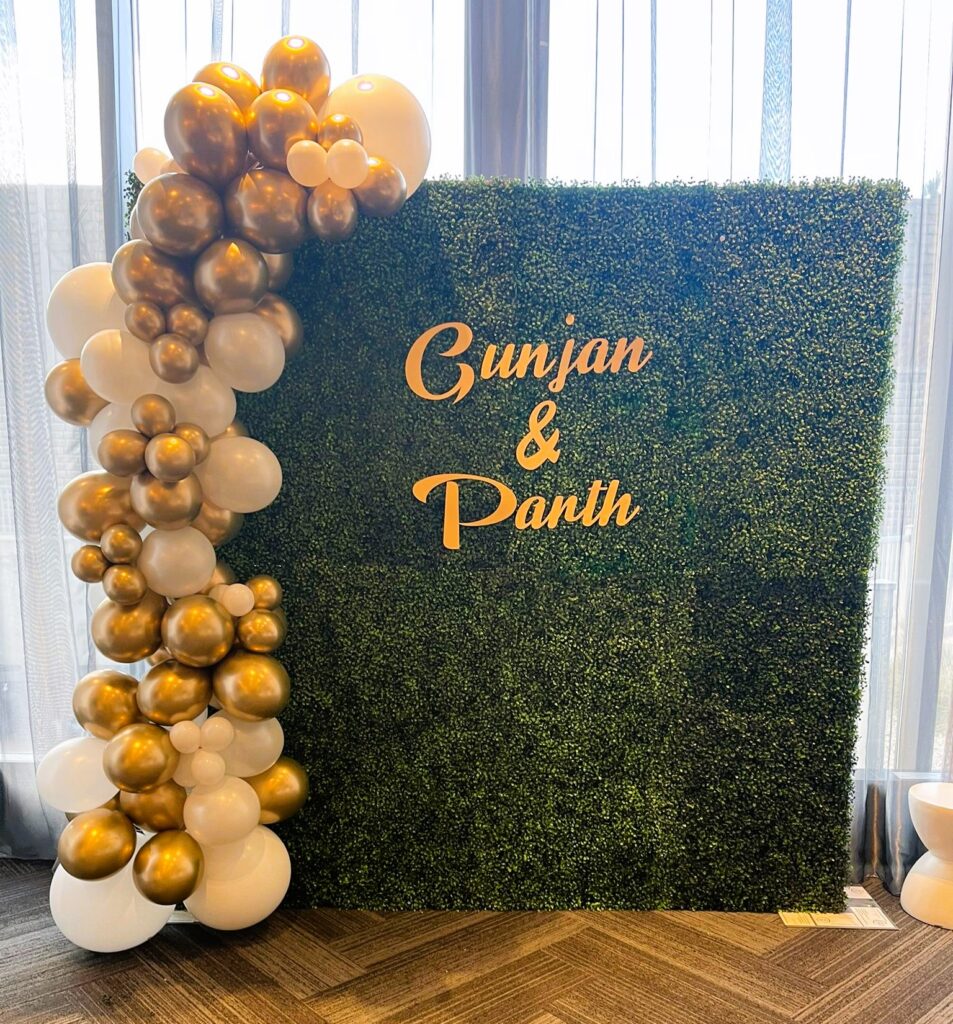Green Grass Flower Wall Vancouver with White and Gold Balloon Decor