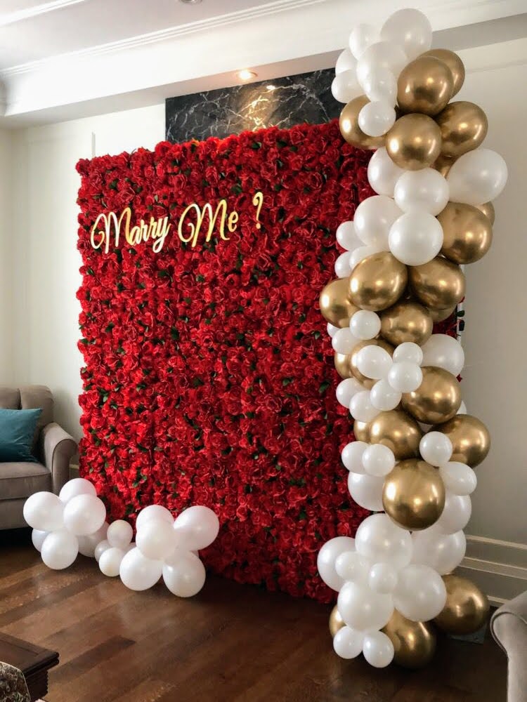 White and Gold Balloon Decor with Wedding Red Roses Flower Wall Rentals Kingston