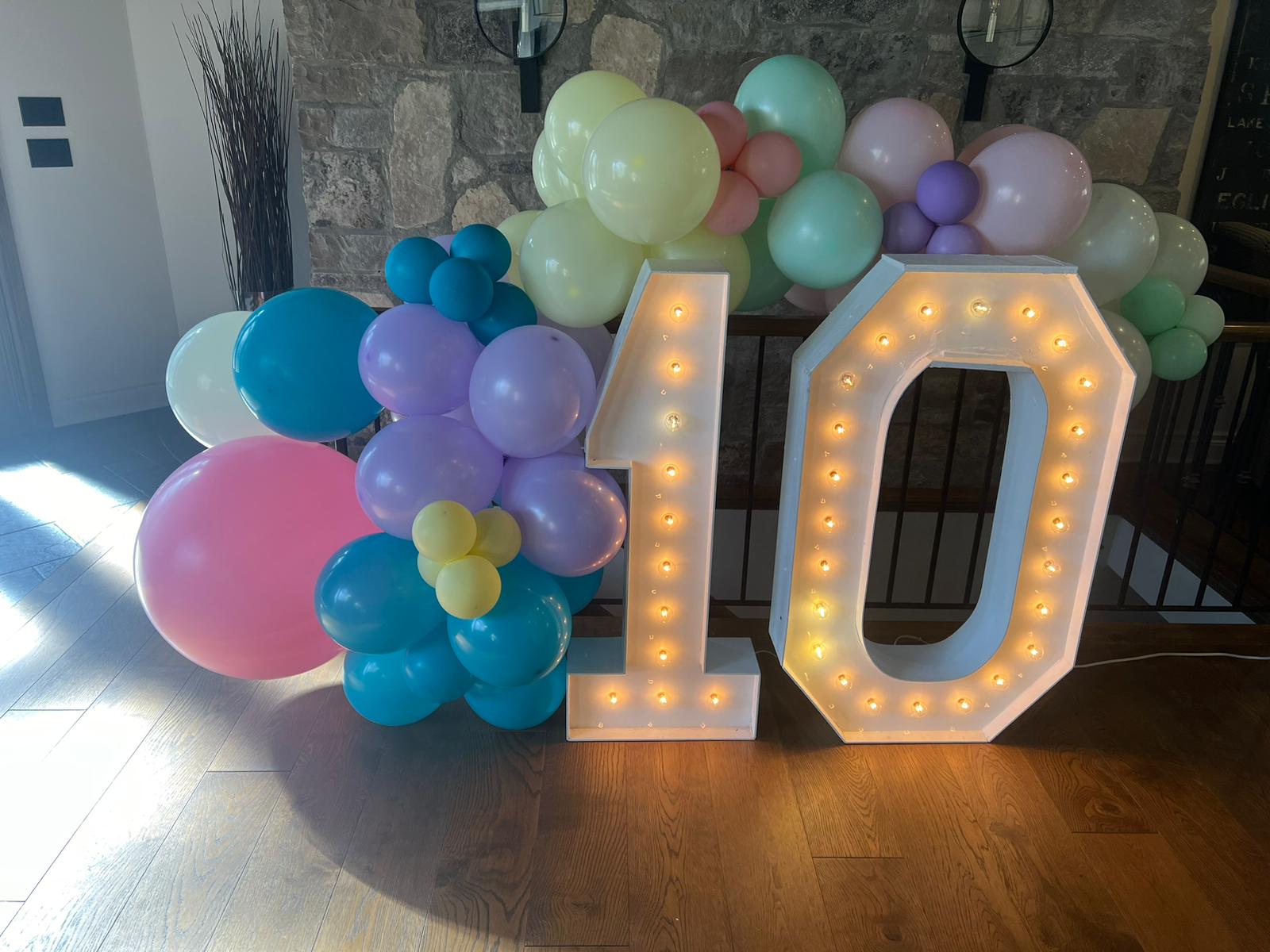 balloon garland with marquee numbers for birthdays 