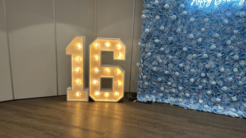 marquee numbers and flower wall rental
