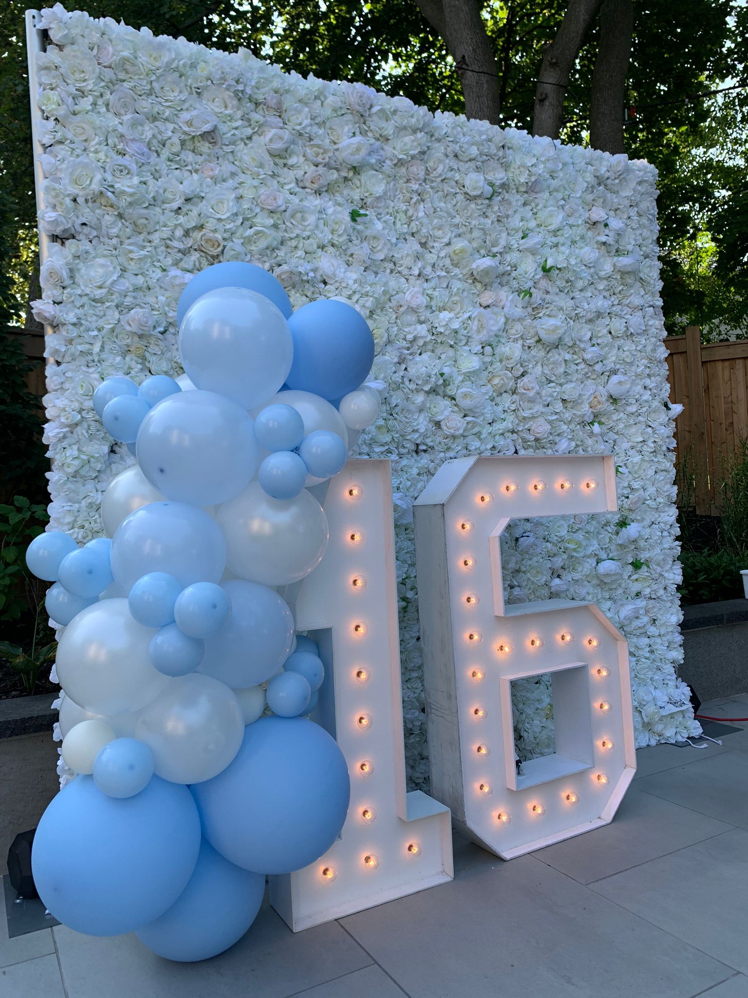 flower wall, balloon decor, marquee numbers for events